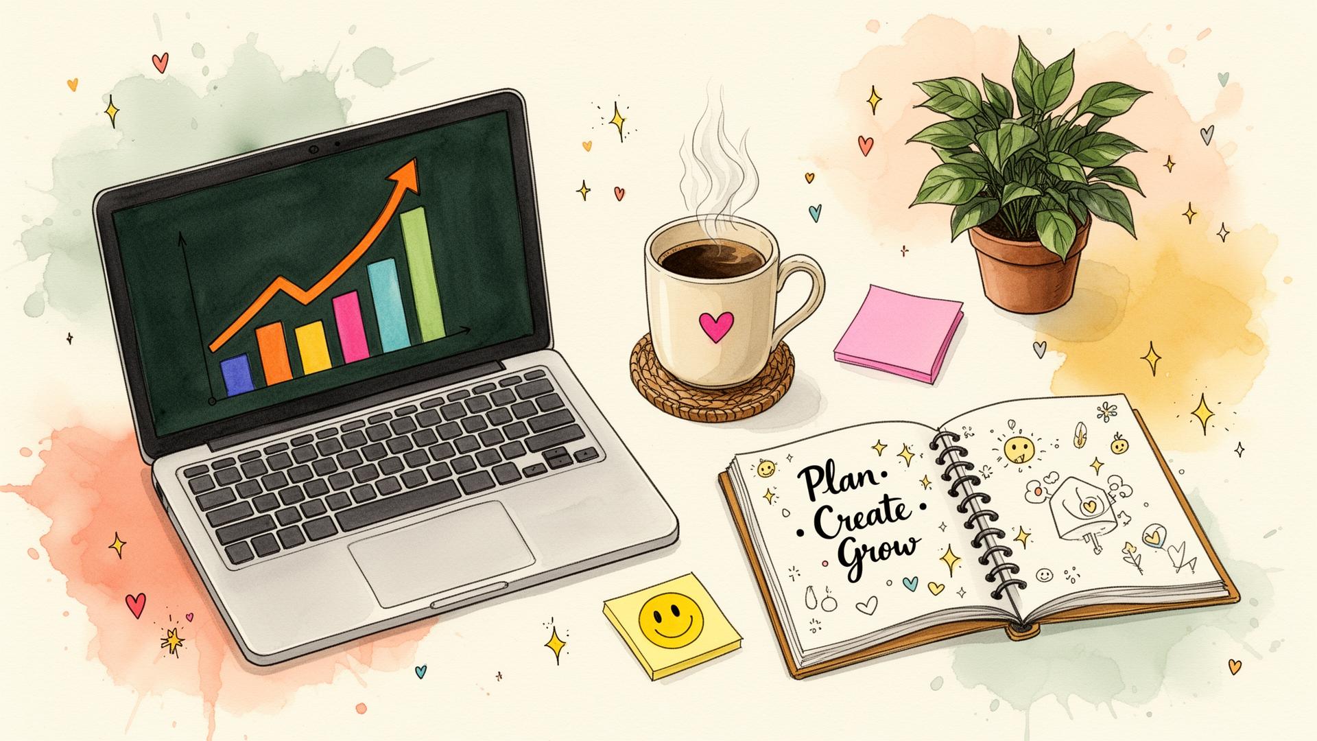 Hand-drawn illustration of a creative marketing desk: laptop with growth chart, coffee, notebook saying Plan Create Grow, plant and sticky notes